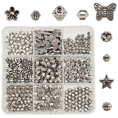 INSPIRELLE 450 Pieces Metal Alloy Spacer Beads Antique Silver Flower Butterfly Star Shaped Loose Beads for Jewelry Making and Crafting