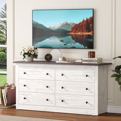 DUMOS Home Storage for Living Room, Wood Cabinet with 6 Drawers, 59" Wide TV Stand with Metal Handles, Storage Organizer for Bedroom, Entryway and Home Office, Wood