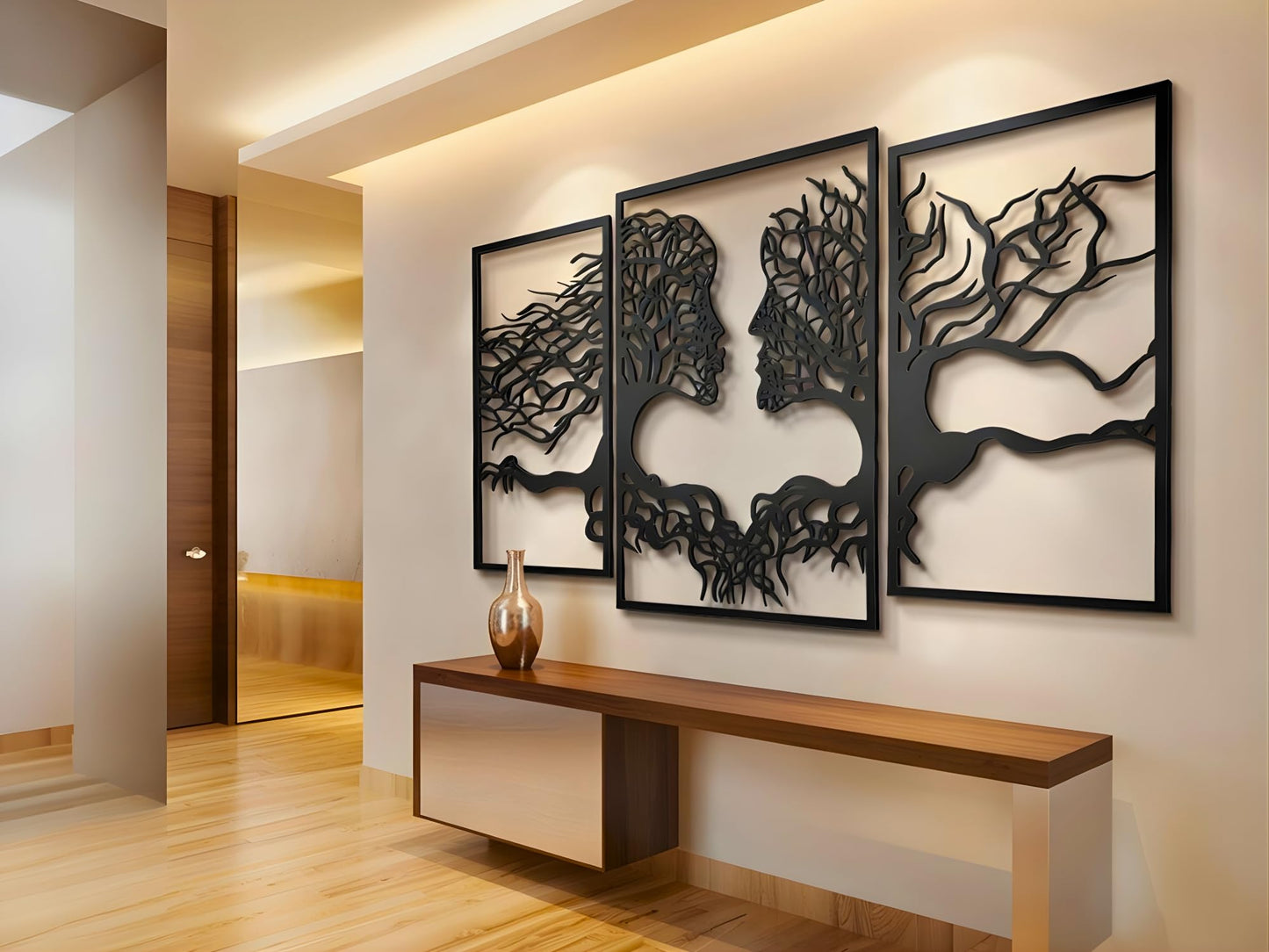 VAILLA Tree of Life Wall Wooden Art Abstract Tree Man Woman Face Large 3D Wooden Wall Decor Set of 3 Hanging Sculpture Modern Home Decoration 3D Textured Sculptures for Living Room Bedroom Office Dinnig Room
