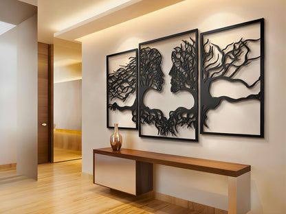 VAILLA Tree of Life Wall Wooden Art Abstract Tree Man Woman Face Large 3D Wooden Wall Decor Set of 3 Hanging Sculpture Modern Home Decoration 3D Textured Sculptures for Living Room Bedroom Office Dinnig Room