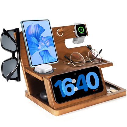 Gifts for Men 3-in-1 Charging Stand Compatible with iPhone 16 Charger Station, Nightstand Organizer Wood, Fathers Day Perfect for Dad Husband Boyfriend Son, for iPhone 16/15/14/13/12 Max Plus, Watch