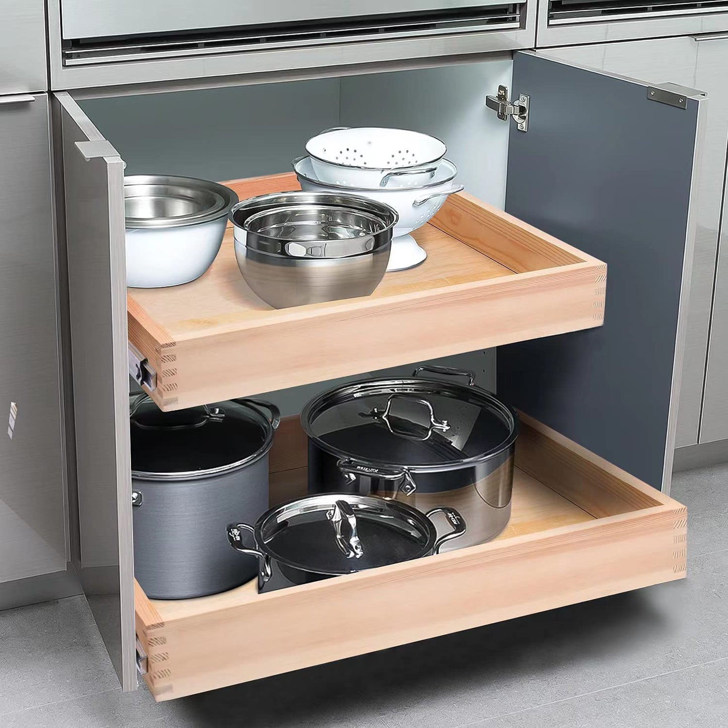 Mulush 16”W x 21”D x 3‘’H Soft Close Slide Out Wood Drawer Organizer for Kitchen, Finished, (Cabinet Opening>17.5 inches for Bottom Assembly, Opening= 17 inches for Side Assembly)