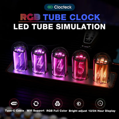 ClocTeck Nixie Tube Clock with Wi-Fi SYNC, Alarm & Timer, 12/24H Display, No Assembly Required - A Retro Gift for Friends (Wood Grain)
