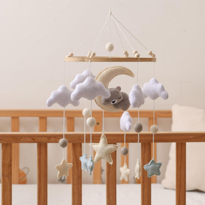 Baby Crib Mobile – Handmade Moon Bear Nursery Mobile, Mobile for Crib Neutral Felt Clouds Stars Hanging Toy, Beech Wood Ring Bassinet Mobile Baby Mobile Decor Gift