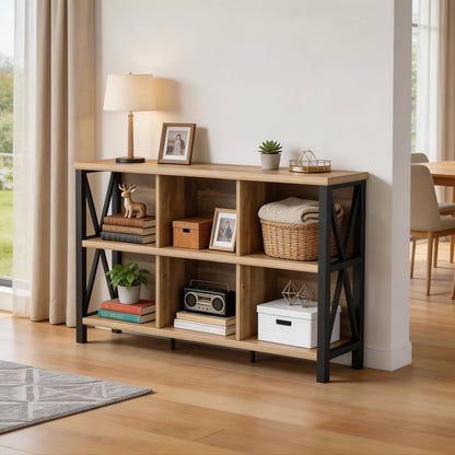 FATORRI 6 Cube Storage Organizer with Shelf, Long Wood and Metal Cubby Bookcase, Industrial Horizontal Bookshelf (Rustic Oak, 47 Inch)