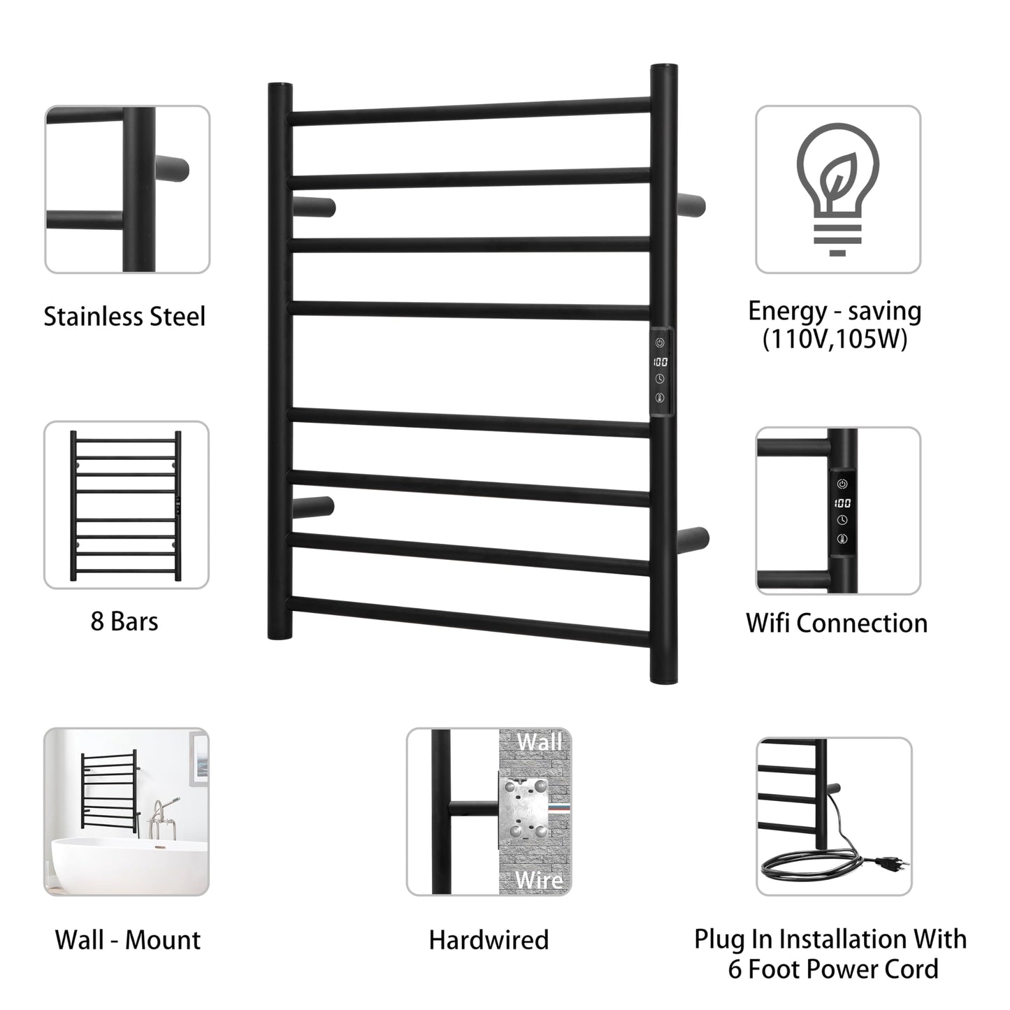 KEG Towel Warmer 8 Bars for Bathroom Freestanding or Wall Mounted Bath Towel Heater Plug-in with Built-in Timer Silver