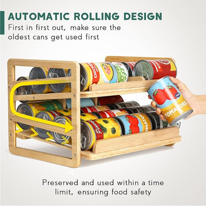 Yumkfoi Rolling Bamboo Can Organizer Rack, Stackable Double-Layer Can Organizers and Storage For Pantry, Canned Goods Holder Dispenser For Countertop Kitchen Cabinet or Pantry Shelf