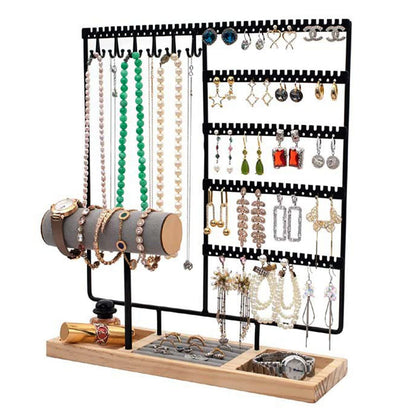 HINIHAO Earring Holder,5-Tier Ear Stud Holder with Wooden Tray, Jewelry Tower Rack with 108 Holes, 12 Hooks Necklaces Hanging, for Bracelets Earrings Rings Watches (Black)