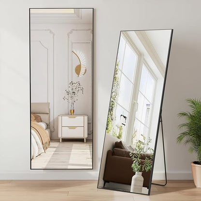 NEWBULIG Mirror Full Length, 56"x21" Body Wall Mirrors with Shatter-Proof Glass, Upgraded Floor Standing Mirror, Hanging or Leaning, with Stand Aluminum Alloy Frame for Home Decor, Bedroom, Black