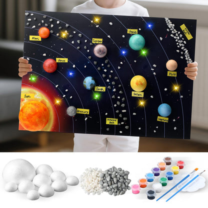 Innconee 20 Solar System Model Project Kit with 10 Foam Ball LED Lights 12 Pigment 2 Brushes Solar System Background DIY Outer Space Planet Foam for Kid School Science Projects Arts Crafts(Rectangle)