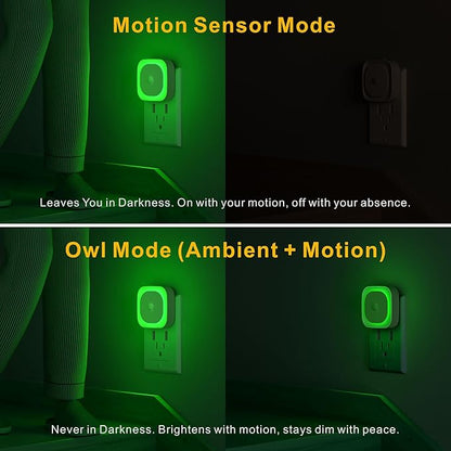 YUNLEX 2 Pack Plug in Night Light with Motion Sensor & Dusk to Dawn Sensor, 3 Sensor Modes, Auto ON/Off, Dimmable Reflected Light, Calming Green LED for Home Office, Hallway, Bathroom