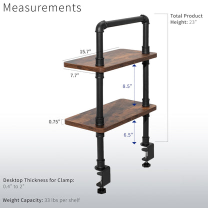 VIVO Clamp-on Premium 16 inch Industrial Pipe 2-Tier Tabletop Shelving, Heavy Duty Desk Extension Organizer, Modern Desktop Display Shelf, Rustic Vintage Brown Shelves, DESK-SHELF16-2N