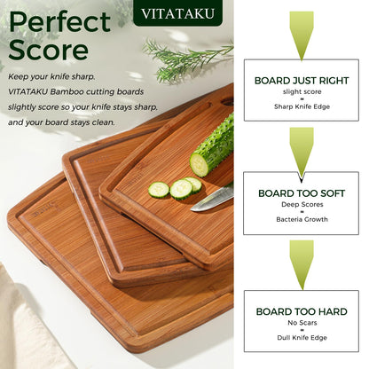 VITATAKU Bamboo Cutting Boards for Kitchen, 15.4" Deep Carbonized Wood Cutting Board with Storage Stand, 3 Piece Extra Thick Cutting Board Set with Deep Juice Grooves, Gift for Charcuterie Boards