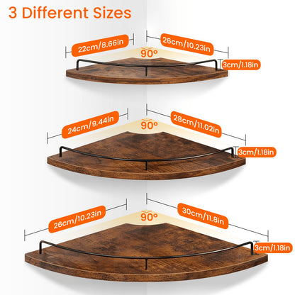Homode Corner Shelf Wall Mounted Set of 3, Corner Floating Shelves 9/10/12 Inch Deep, Wood Round Corner Hanging Display Shelf with Guardrail for Bathroom Bedroom Kitchen Living Room, Rustic Brown