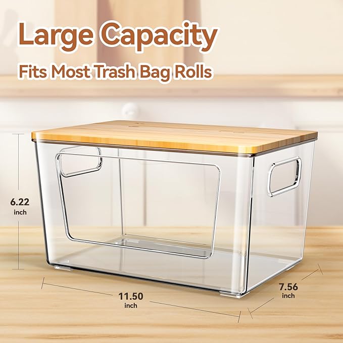 Trash Bag Holder with Bamboo Lid, Stackable Trash Bag Dispenser, Extra Large