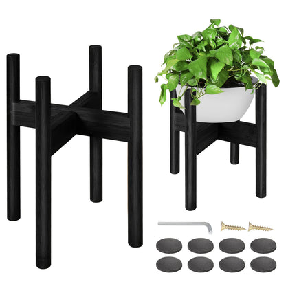 BESHOF 2 Pack Bamboo Plant Stands, Adjustable Plant Stand Indoor, Mid Century Modern Plant Stand, Plant Holder for Living Room, Balcony Fits 8 to 12 Inches Pots (Black)