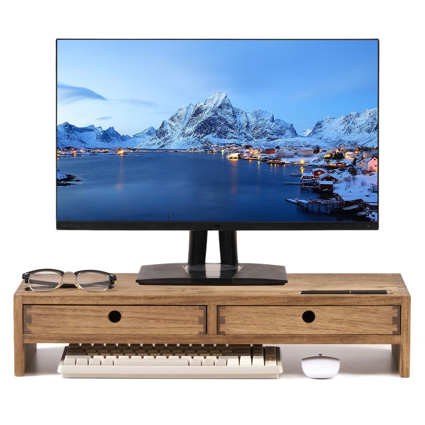 KIRIGEN Wood Monitor Stand with 2 Drawers, Solid Wood Computer Monitor Riser for Desk, Desktop Organizer Shelf with Cable Management, Pen Slots, Brown, No Assembly PMJ-DBR