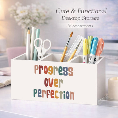 GGED Progress Over Perfection Pen Holder, Motivational Desk Organizer, 3 Compartments Wooden Pencil Caddy for Office, Home, Classroom