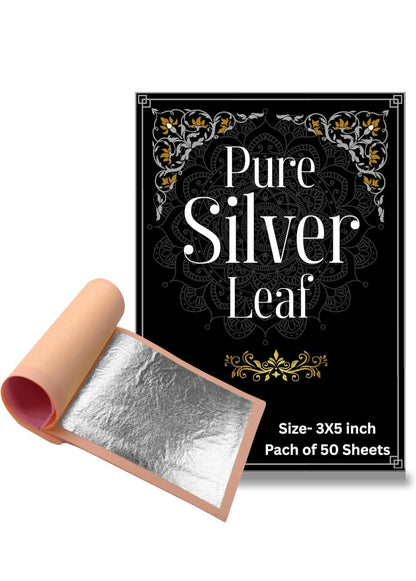 Pure Silver Leaf Foil Sheets 50pcs – 99.9% Real Silver Varakh 3×5 Inch for Art, Crafts, Food Decor, Nail art, and Home Décor