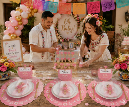 LPMingjia Cielito Lindo Mexican Fiesta Table Decor Kit, 150 Pcs Disposable Pink Scalloped Round Paper Placemats 50 Place Cards with Wooden Clips for Bridal Shower, Wedding, Cinco de Mayo