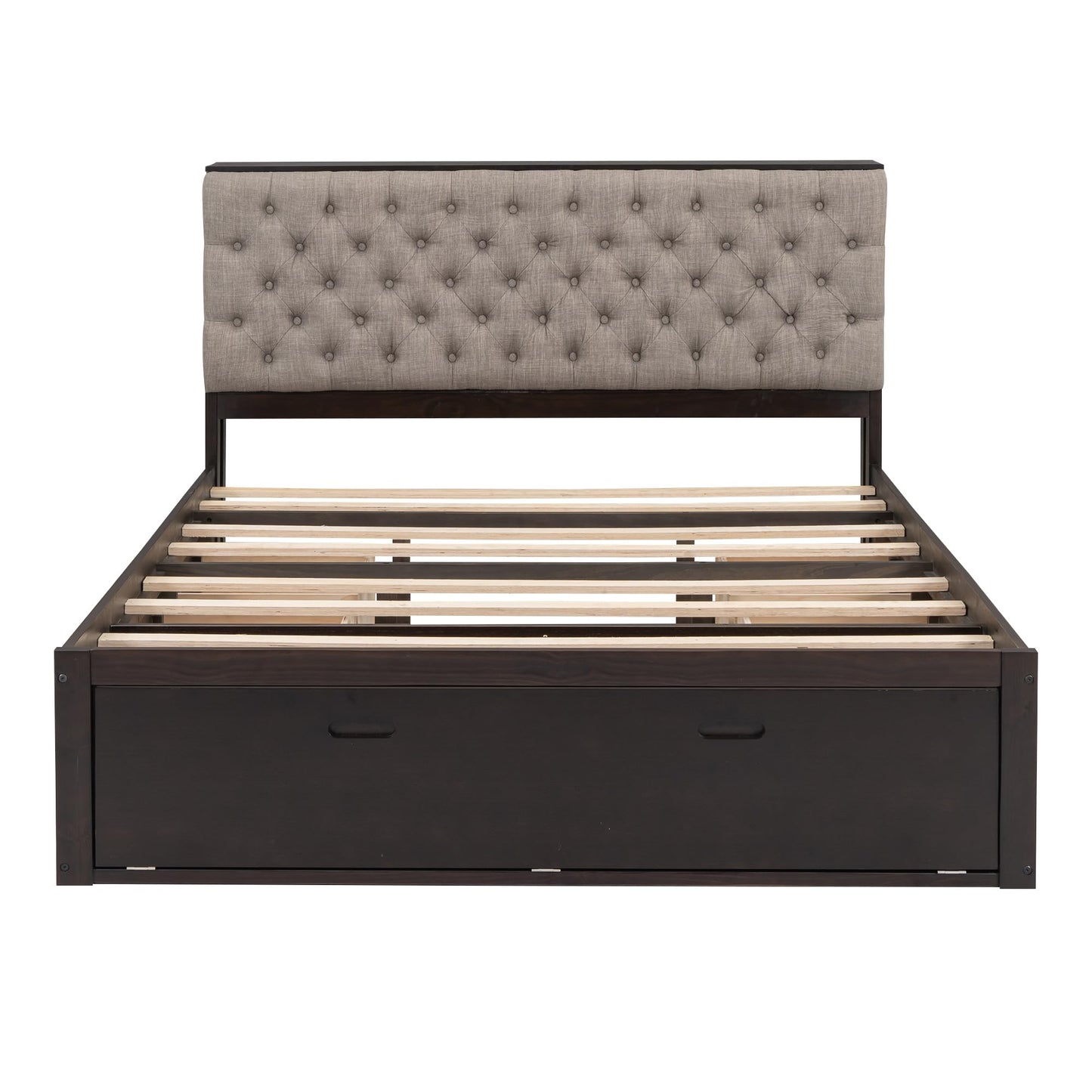 GDFStudio Boden Queen Size Upholstered Headboard, Queen Size Platform Bed with Storage Headboard, Wooden Bed Frame with Shoe Rack and Organizer Drawer, Ample Storage Shelves and 4 Drawers, Espresso