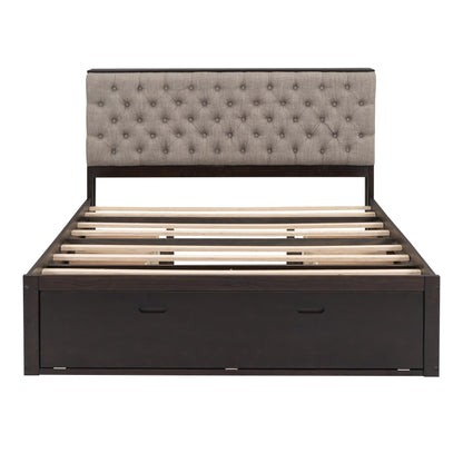 GDFStudio Boden Queen Size Upholstered Headboard, Queen Size Platform Bed with Storage Headboard, Wooden Bed Frame with Shoe Rack and Organizer Drawer, Ample Storage Shelves and 4 Drawers, Espresso