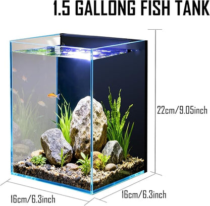 1.5 Gallon Fish Tank Starter Kits, Nano Glass Aquarium with Filter, Led Light for Aquascape DIY Small Betta Fish Tank