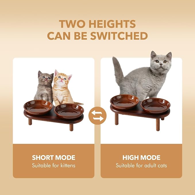 Havniva Elevated Cat Bowls Raised Ceramic Cat Bowl, 5.7” Wide Opening Cat Food Bowl Whisker Friendly Cat Dish Anti-Slip with Wood Stand, Shallow Pet Food & Water Bowl for Indoor Cats