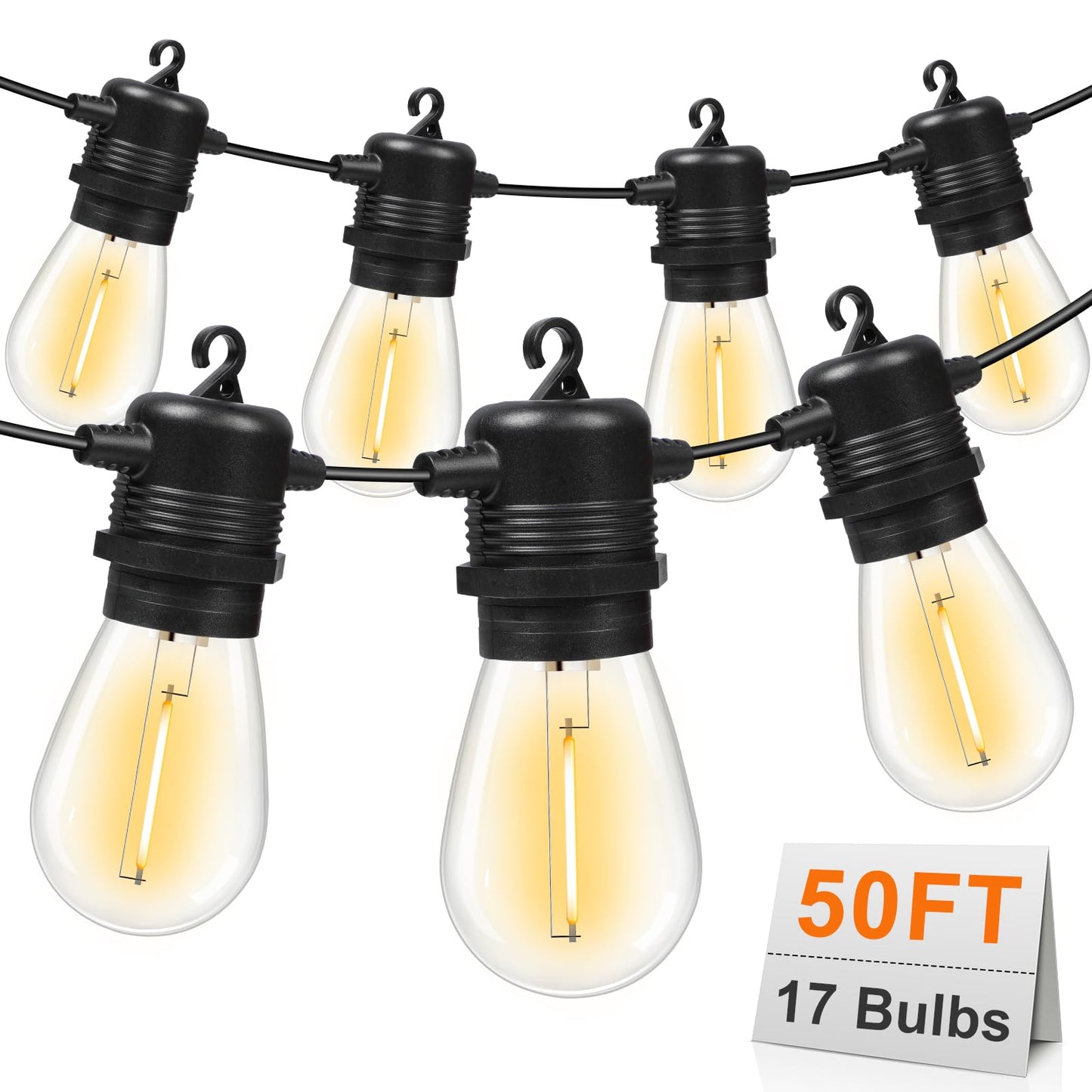 GvvooHome 50FT LED Outdoor String Lights with 17 Shatterproof Waterproof S14 Replaceable Bulbs(2 Spare), 2700K Commercial Grade Patio Lights, Outside Hanging Light for Yard Garden Porch Deck Decor