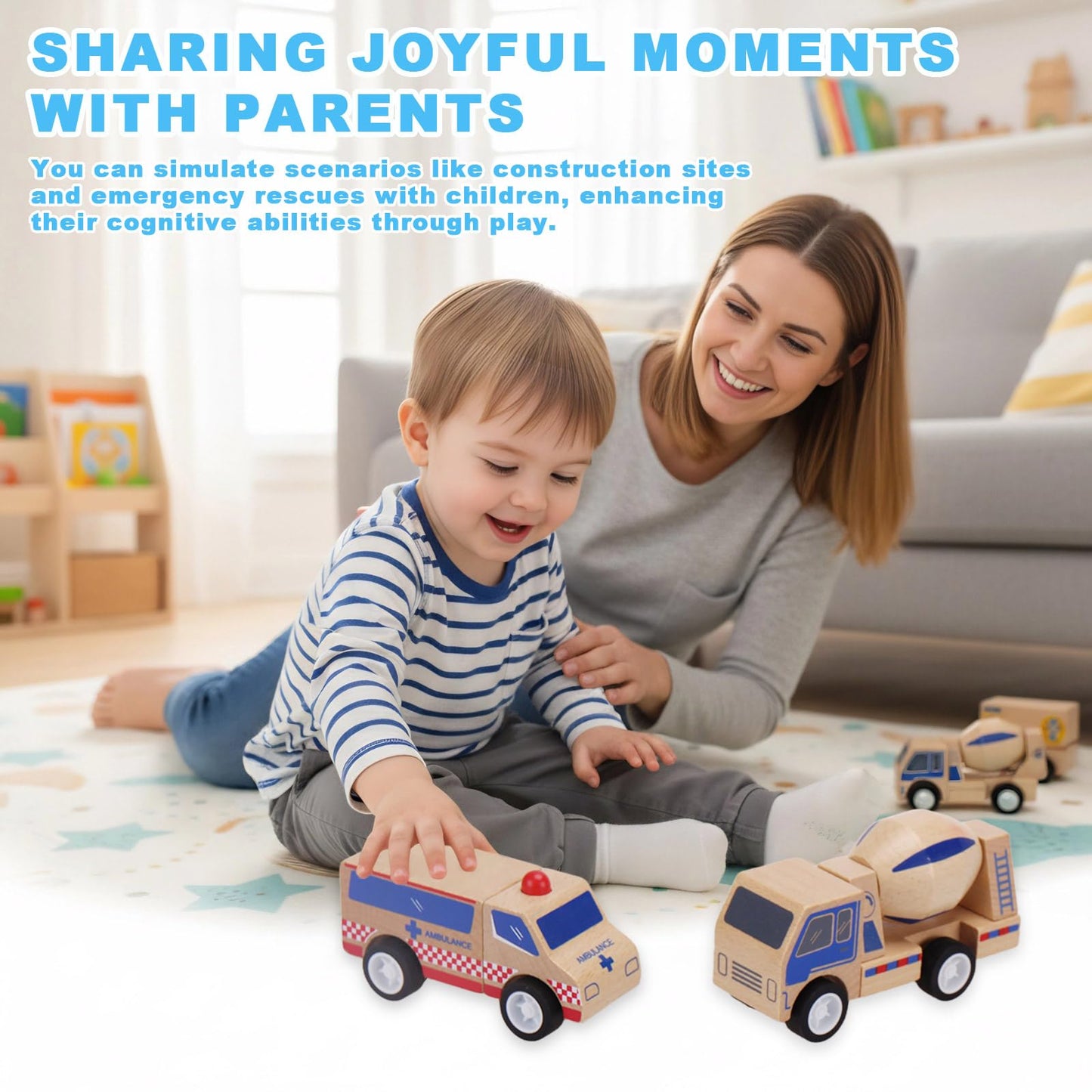 Udeas 5Pcs Premium Wooden Vehicle Toys for Toddlers 1-3 - Police Car, Garbage Truck, Dump Truck, Helicopter & Ambulance | Certified Safe, Montessori Toys, Push and Go Cars for 1+ Year Old Kids