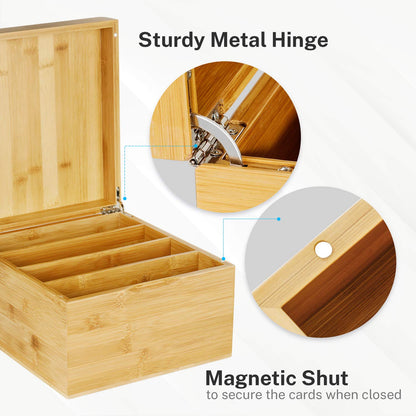 MaxGear Index Card Holder, 5 x 8 Inch Wooden Business Card Organizer for Desk with 3 Dividers, Bamboo Index Cards Box with A-Z Tabs Holds 600 Cards for Recipe Flash Storage