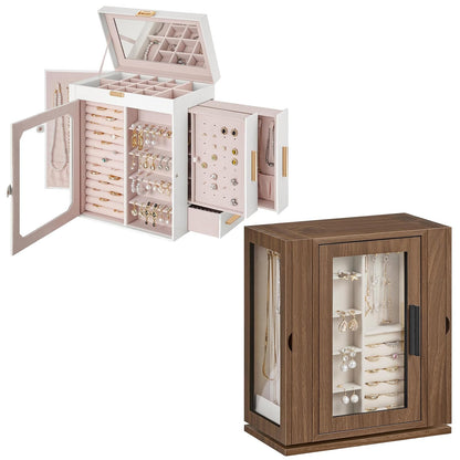 HOOBRO Jewelry Box with Mirror, Travel Jewelry Organizer with Glass Window and 360° Rotating Jewelry Box, Wooden Jewelry Organizer Bundle, WT03JB04G2-BH30JB04