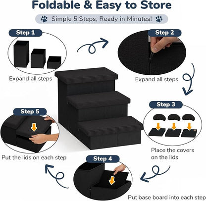 3-Step Wide Dog Stairs 18" H with Removable Cover, Non-Slip Storage Pet Steps for High Bed Couch, Pet Stairs for Small/Medium/Large Old Dogs Puppy Up to 200lbs, Cat Dog Steps for Car, Black