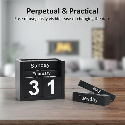 DEERINE Wooden Block Calendar for Desk, Daily Desktop Perpetual Desk Calendar, Cute Date Display Blocks Desk Accessory for Home Office Decor, Teacher, Classroom, Reusable Yearly, Black