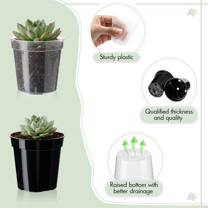 Sliner 200 Pcs 2 Inch Plastic Nursery Pot Mini Seedling Planter Flower Planting Pots Plastic Planters with Drainage Holes for Outdoor Indoor Flower, Starting Seedlings, Black, Clear