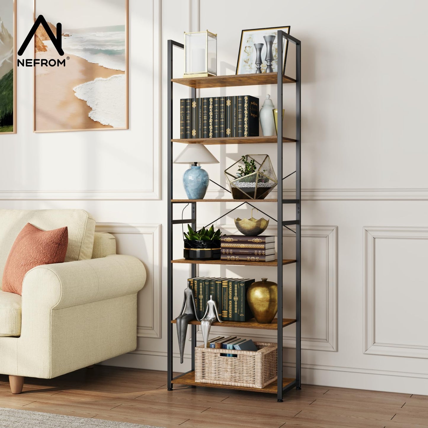 NEFROM Book Shelf, Adjustable 6-Tier Tall Bookshelf, Wooden Bookcase Shelves for Bedroom, Living Room, Display Shelf for Home, Office, Kitchen, Standing Shelving Unit Storage Organizer BC-BR-6
