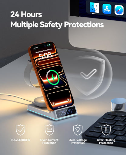 2026 Upgraded Wireless Charging Station, 7 in 1 Wireless Charger Station Foldable Charger Stand with Night Light/Alarm Clock for iPhone 17-12 Pro Max Plus, Apple Watch, AirPods Gifts for Fathers Day