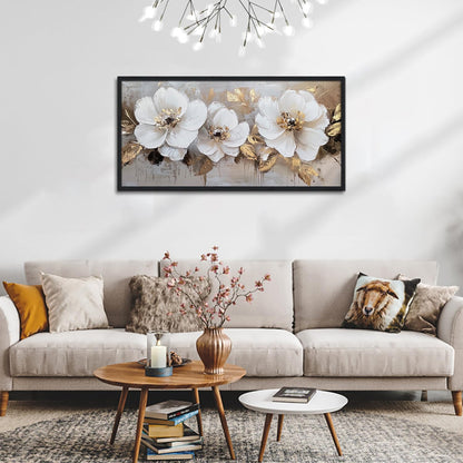 Large Framed Cream White and Gold Abstract Floral Paintings Modern Canvas Wall Art Flower Print Artworks for Home Office Decor