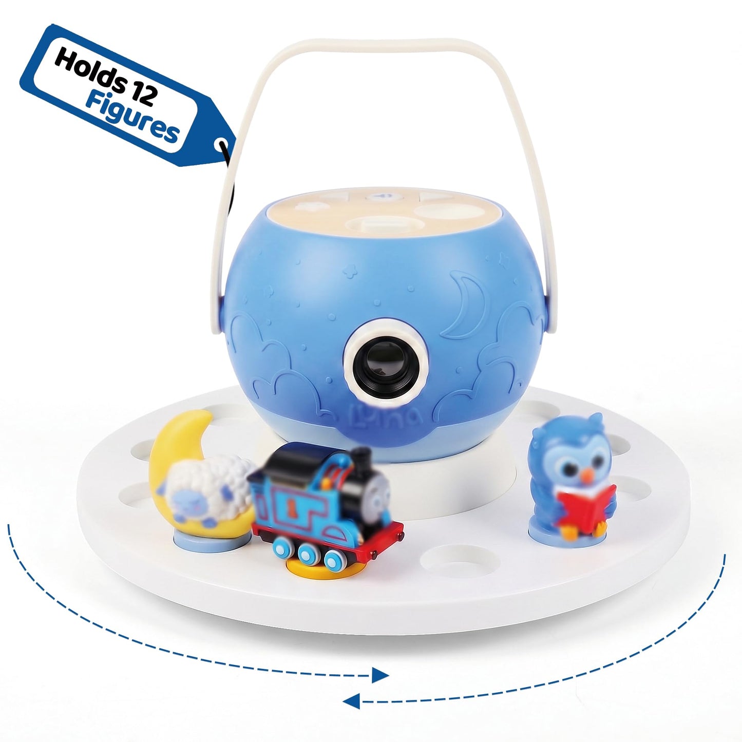 Round 360°Rotating Storage Shelf for Luna Storytime Projector And Character,Display Stand for Luna Projector Figurine Cartridge Figures Organizer Holder,Pine Wooden,for Kids Play Room(White)