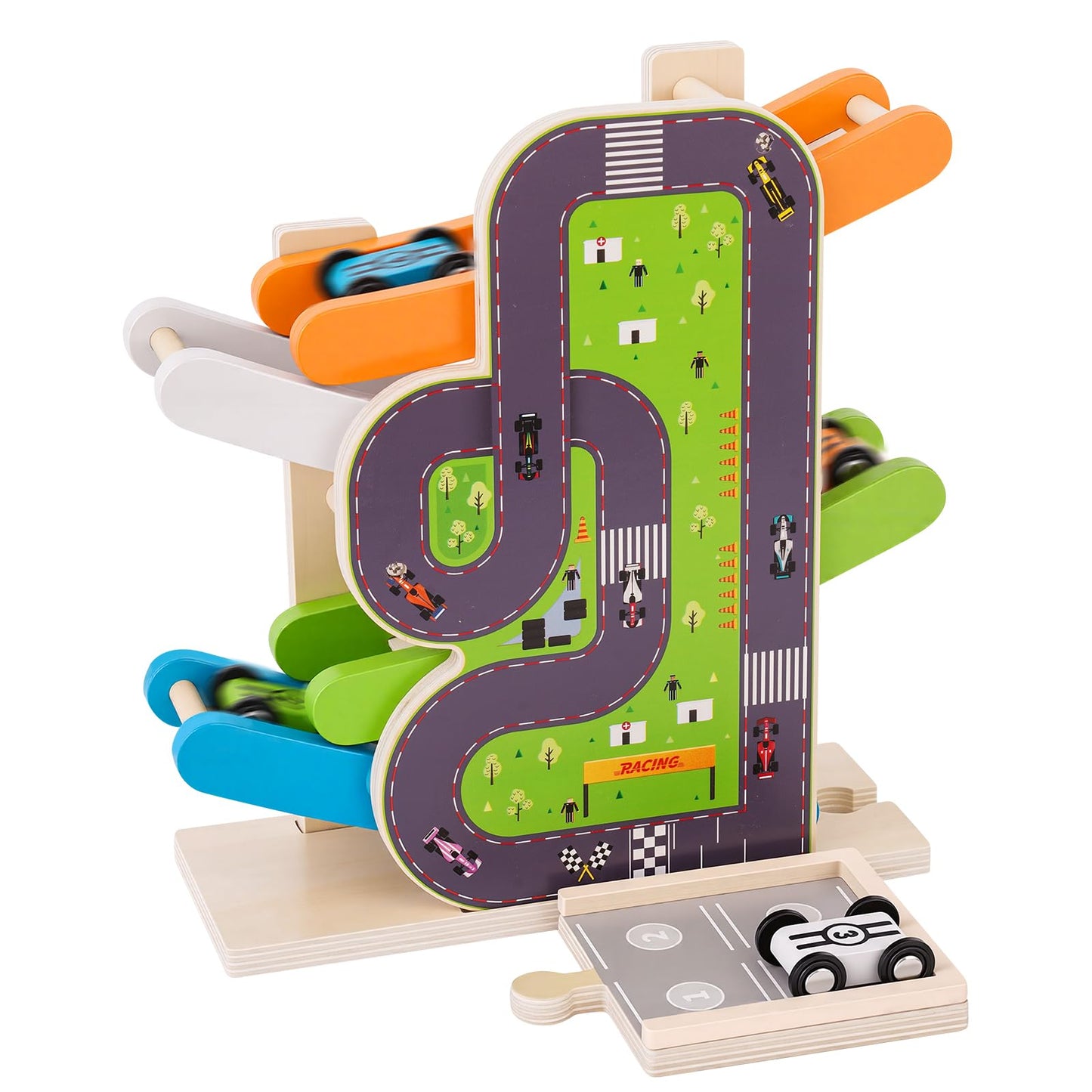 Busy edition Car Ramp Toys for 1 Year Old Boy Gifts, Montessori Toys for 1 Year Old, Wooden Race Car Track for Toddlers 1-3, Toy Cars Ramp with 4 Mini Cars & Parking Lots, 1st Birthday Gifts Boy