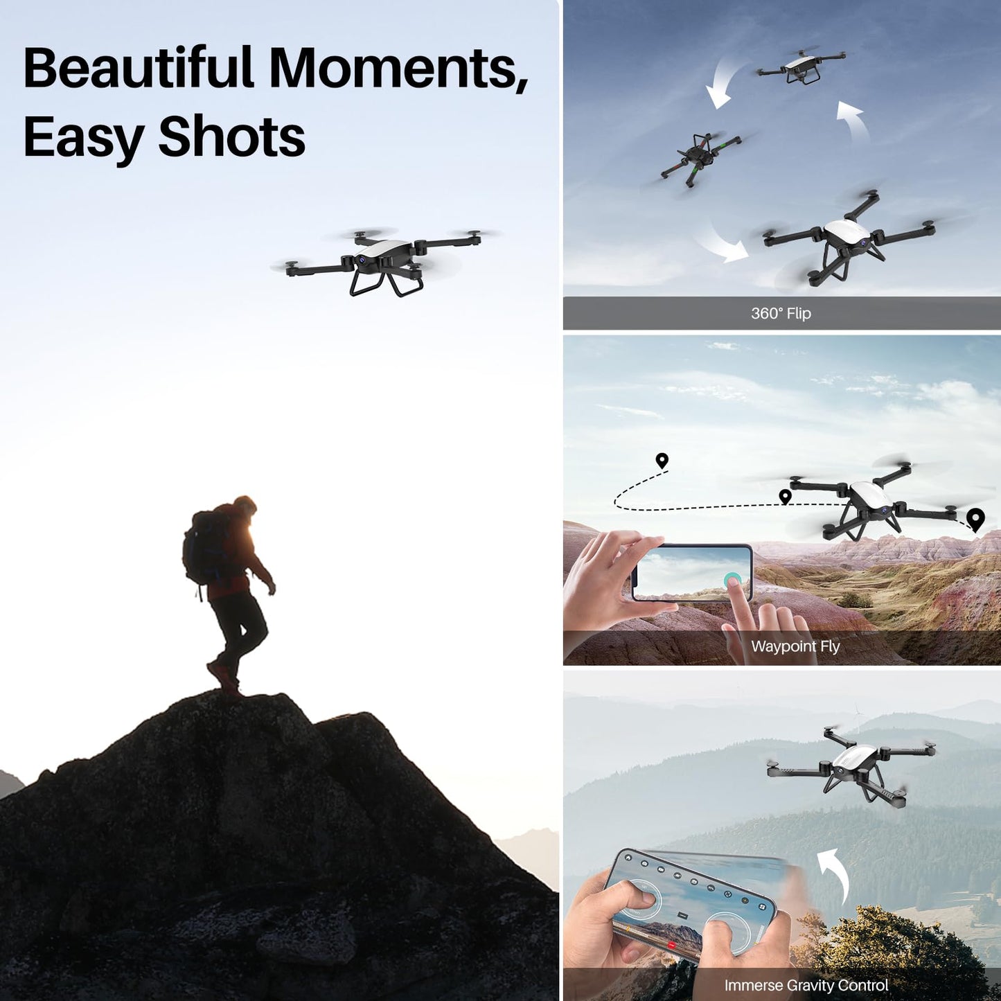 SIMREX X900 Drone Optical Flow Positioning RC Quadcopter with 1080P HD Camera, Altitude Hold Headless Mode, Foldable FPV Drones WiFi Live Video 3D Flips 6axis RTF Easy Fly Steady for Learning Matte White