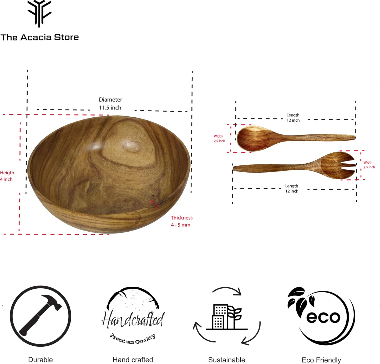 11.5 inches Acacia Wood Salad Bowl Set with 1 set spoon and fork, in a gift box, made from one pc solid acacia wood, made in Vietnam.