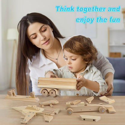 VOMOCNET 3 Pack DIY Wooden Model Building Kit, Includes Fighter Jet, Truck, Race Car, Paint Your Own Arts and Crafts, STEM Toys Birthday Gifts for Boys Girls
