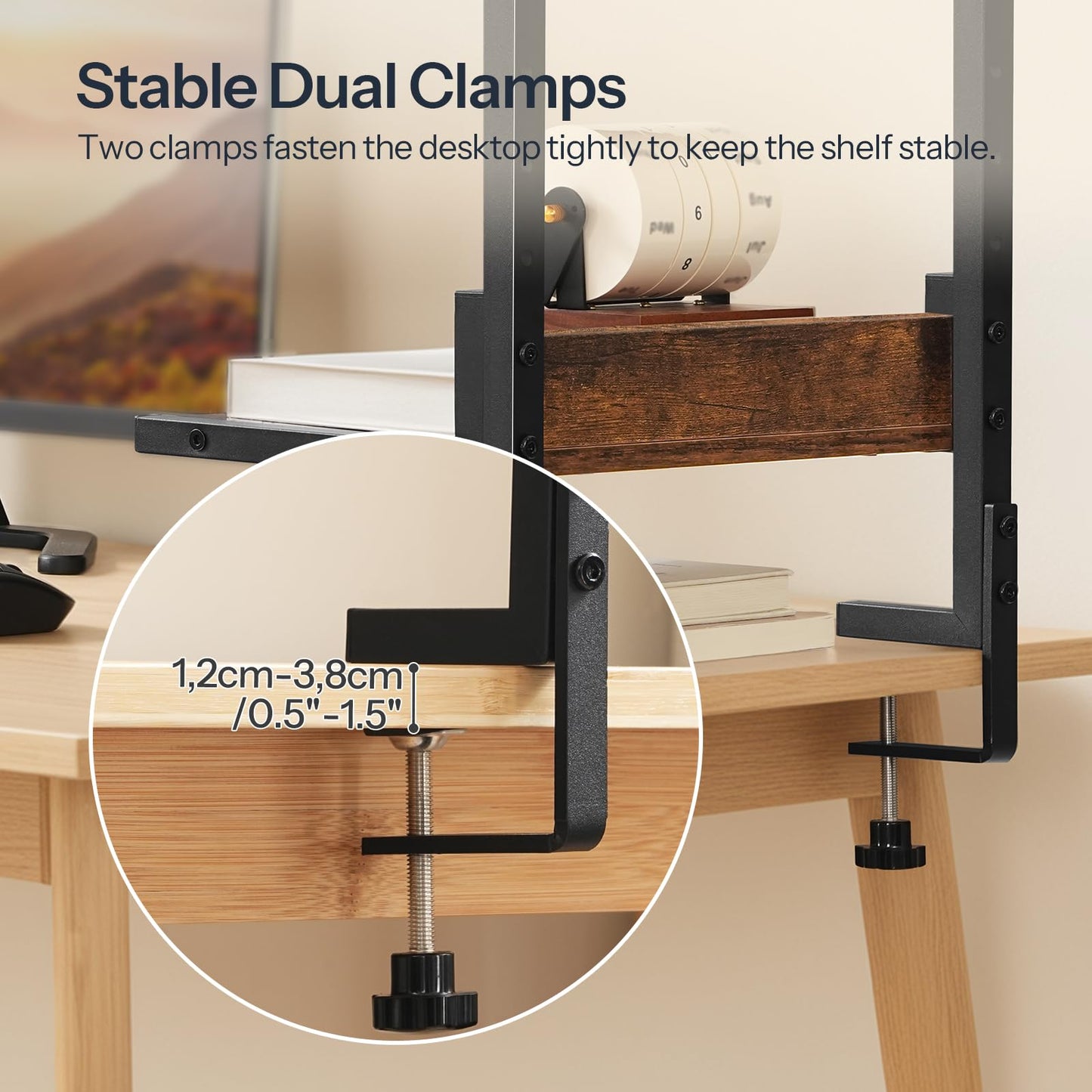 HOOBRO Clamp On Desk Shelf, 2-Tier Desktop Organizer, Space-Saving Desk Shelf with Adjustable Shelves, for Office, Study, Entertainment Accessories, Rustic Brown and Black BF32SJ01