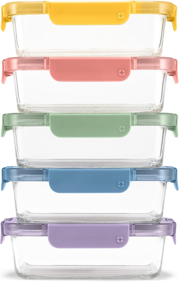 Ello Color Lock Glass Meal Prep Sets Leak-Proof Glass Food Storage Containers with Airtight BPA-Free Plastic Lids, Dishwasher, Microwave, and Freezer Safe