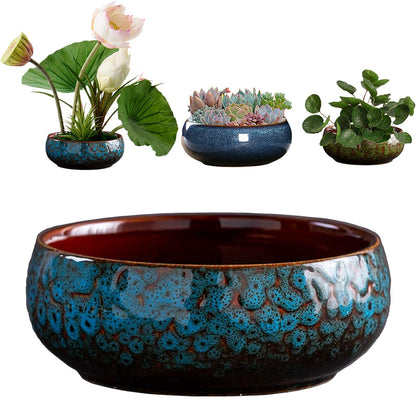 SnuggleTail Lotus Flower Bowl Planter 6.6" Round Pot– Ceramic Shallow Succulent & Water Lotus Pot – Wide Low Ceramic Bowl for Bonsai Indoor Decor