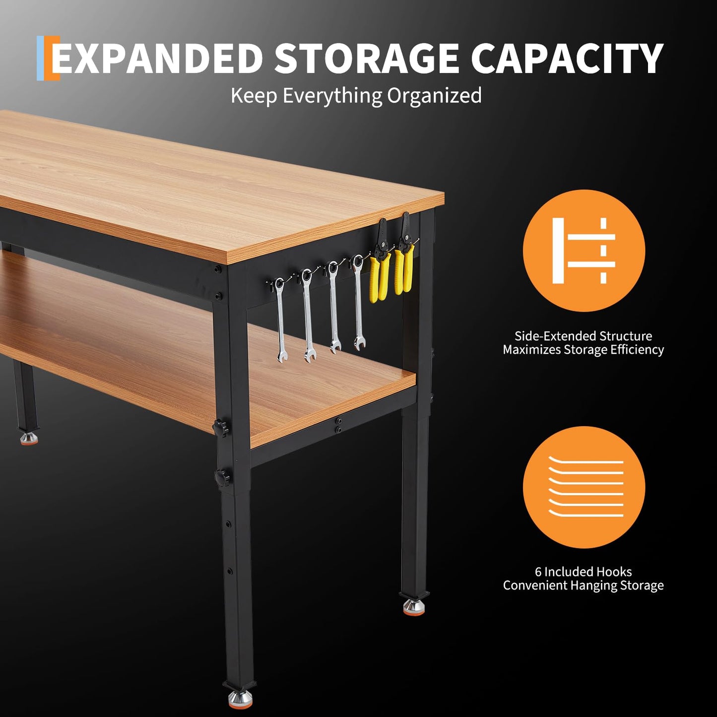 60" Adjustable Workbench with Power Outlet, Storage Shelf, 2500 LBS Work Bench 60" x 24"