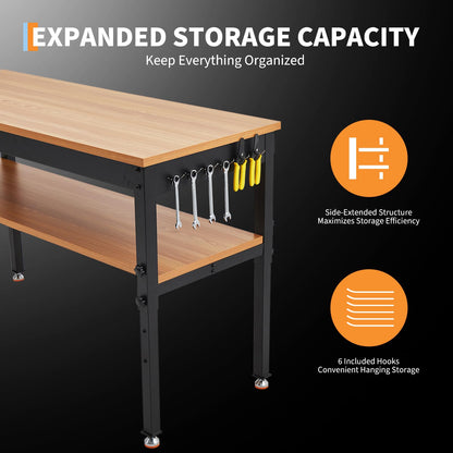 60" Adjustable Workbench with Power Outlet, Storage Shelf, 2500 LBS Work Bench 60" x 24"