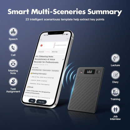 AI Voice Recorder,64GB Note Voice Recorder with Real-Time Transcribe & Summarize & Translation Powered by ChatGPT, Digital Recorder Translator Device with App Control for Lectures, Meetings, Calls