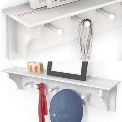 Ballucci Floating Coat and Hat Wall Shelf Rack, 5 Pegs Hook, 24", White